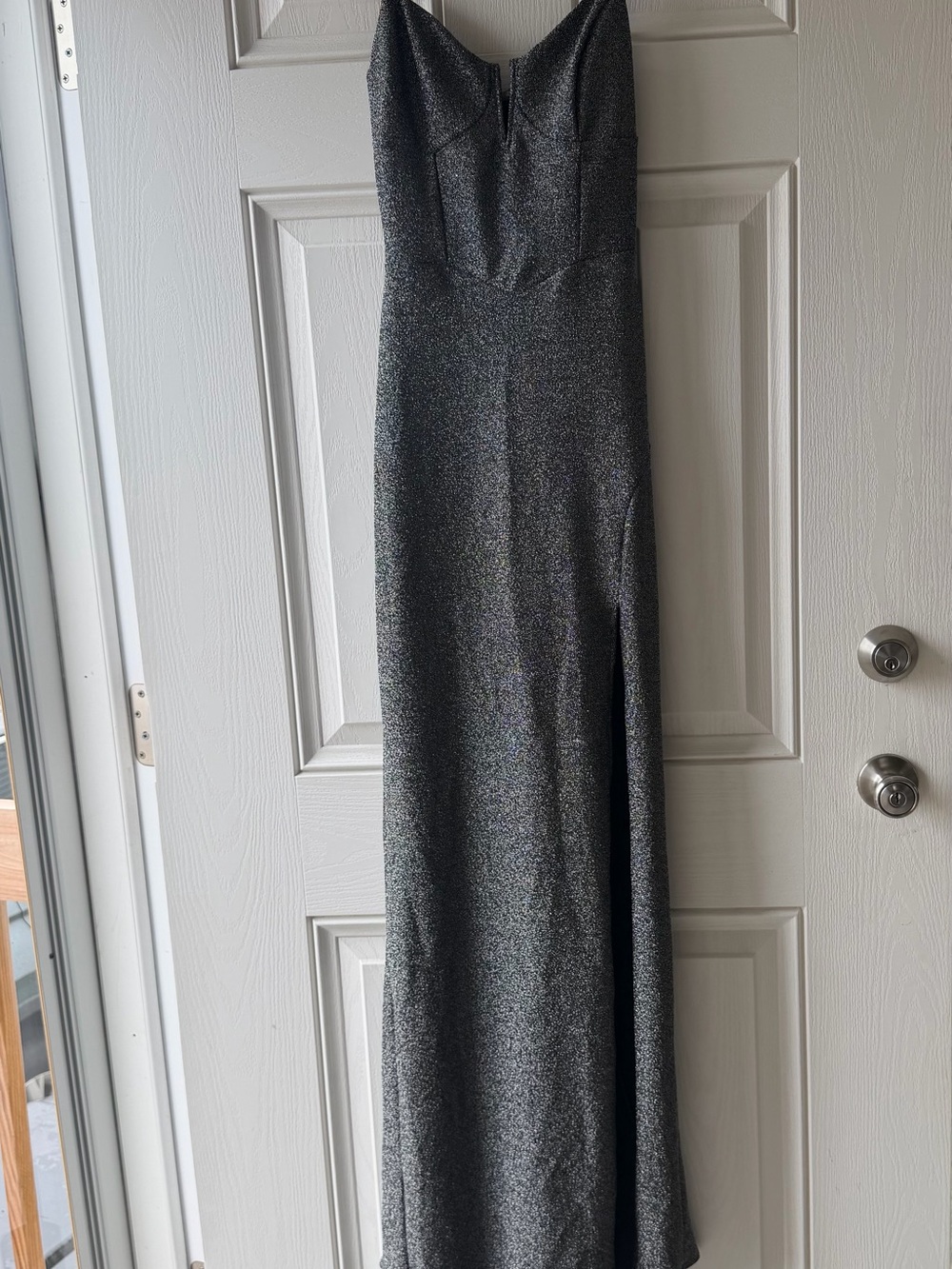 Fashion Nova Silver Glitter Strapless Maxi Dress
